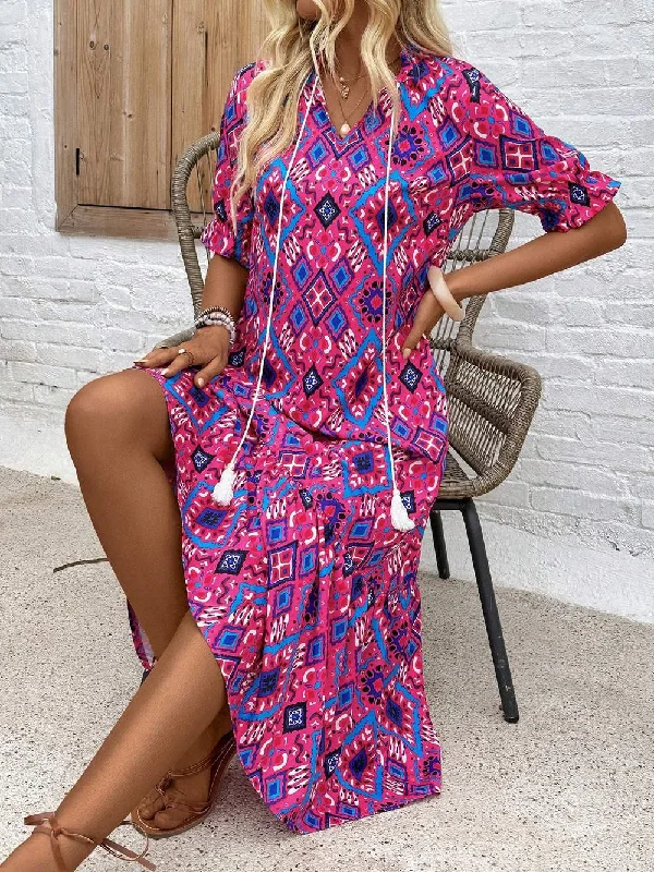 EMERY ROSE PAISLEY PRINTED KNOT NECKLINE RUFFLE HEM VACATION CASUAL DRESS FOR SUMMER