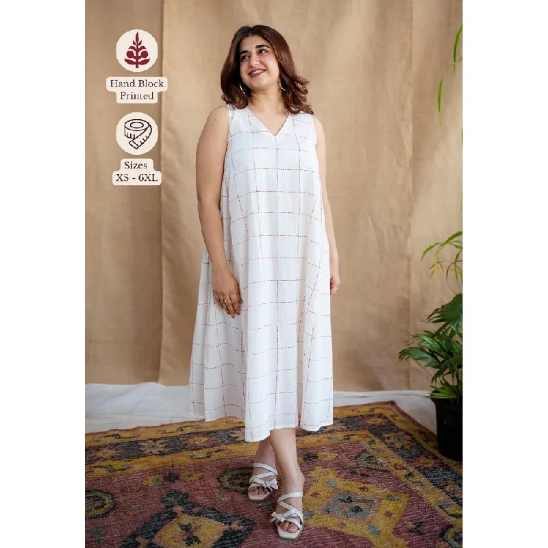 The Indian Ethnic Co. White A-Line Cotton Hand Block Printed Dress