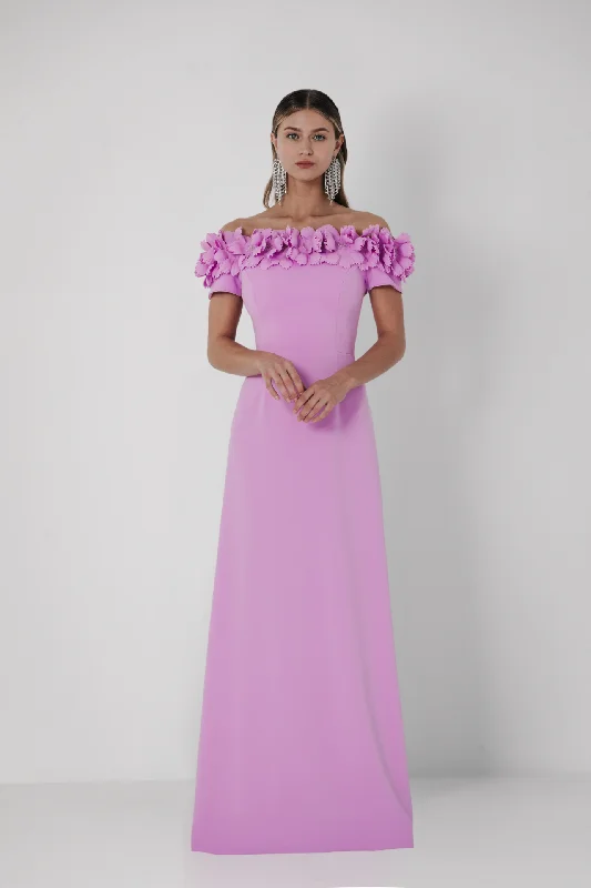 Floral neckline off shoulder crepe dress