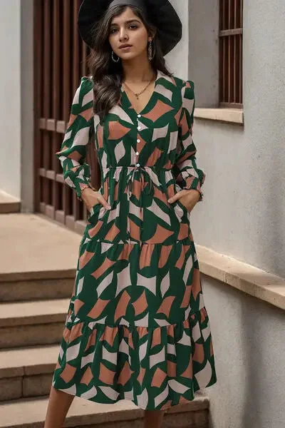 Blue Zone Planet |  Printed Tied Pocketed Lantern Sleeve Dress