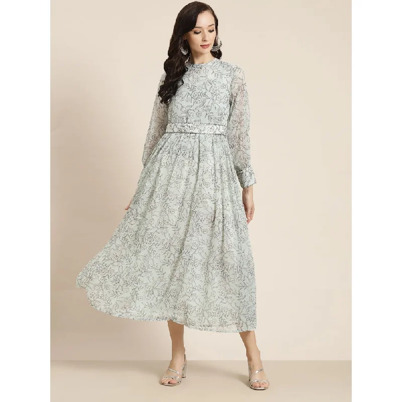 Juniper Sage Green Alphin Chiffon Flared Printed Dress With Tie-Up Belt