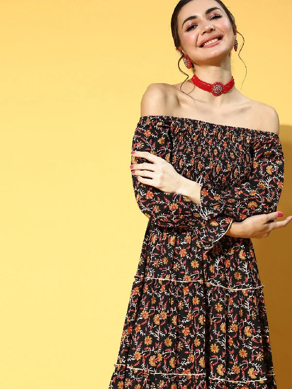 Black & Mustard Ethnic Printed Dress
