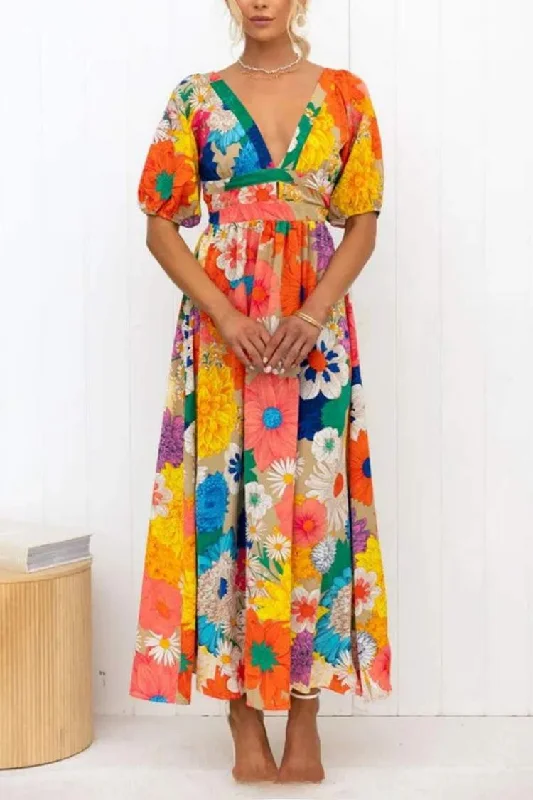 V NECK FRENCH PUFF SLEEVE LEISURE VACATION DRESS