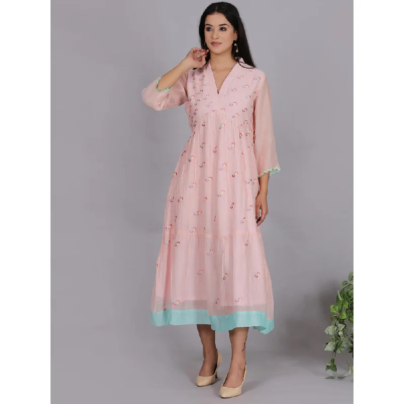 Spring Soul Peach Chanderi Gathered Embroidery Dress