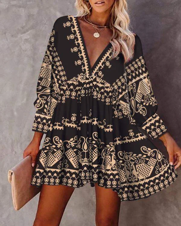 All Over Print VNeck Fold Pleated Dress