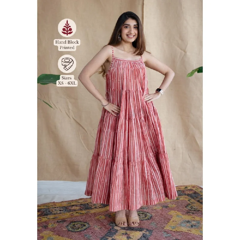 The Indian Ethnic Co. Red A-Line Batik Hand Block Mul Dress With Belt (Set of 2)