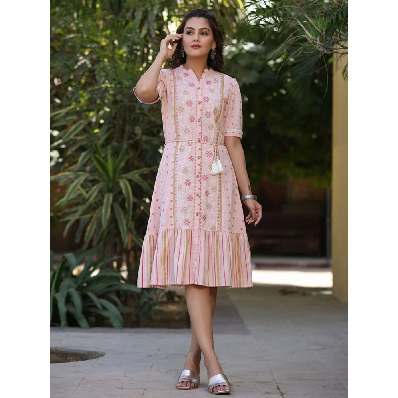 Juniper Pink Geometric Printed Cotton Flex Dress with Lace Work