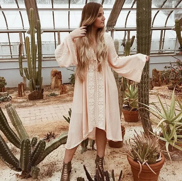 Laney's Long Sleeve Vintage Embroidered Cotton Boho Dress