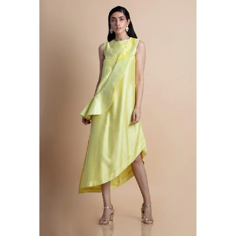 Saksham & Neharicka Yellow Asymmetric Chanderi Cotton Silk Dress