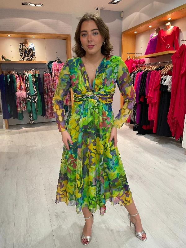 Carla Ruiz Green Midi Chiffon Dress