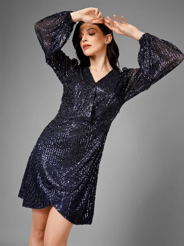 Navy On Navy Sequins Overlap Dress