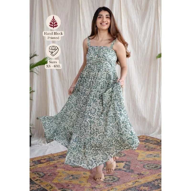 The Indian Ethnic Co. Green A-Line Batik Hand Block Mul Dress With Attached Lining