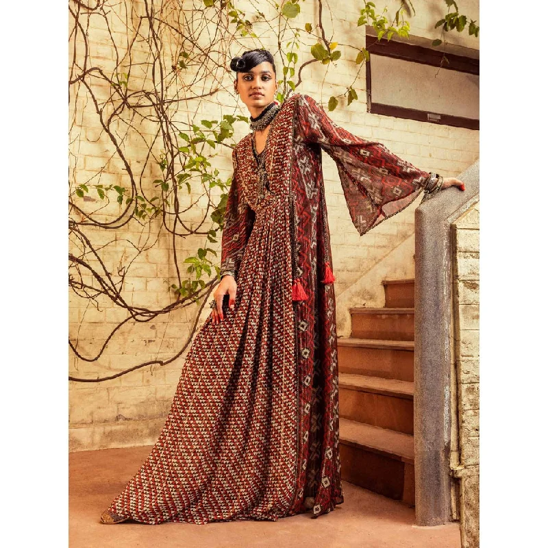 Nadima Saqib Brown Printed and Embroidered Bell Sleeves Dress