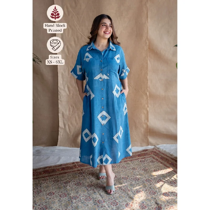 The Indian Ethnic Co. Blue A-Line Dabu Slub Cotton Printed Shirt Collar Dress