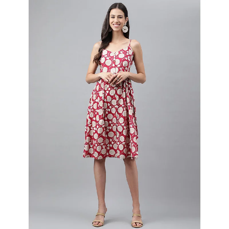 Janasya Women Red Rayon Botanical Printed Gathered Dress