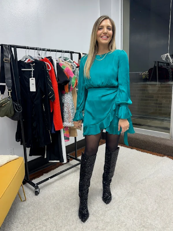 Ideal Choice Tie Waist Ruffle Dress in Vivid Teal
