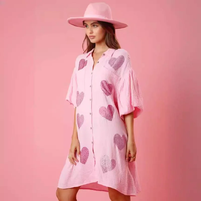 VALENTINE  LOVE RHINESTONE HOT RHINESTONE SHIRT SHORT SLEEVED DRESS