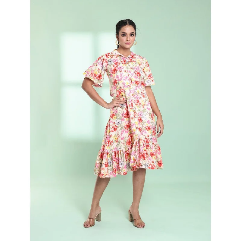 CHARUKRITI Pink Rayon Floral Printed A-Line Stitched Ethnic Dress