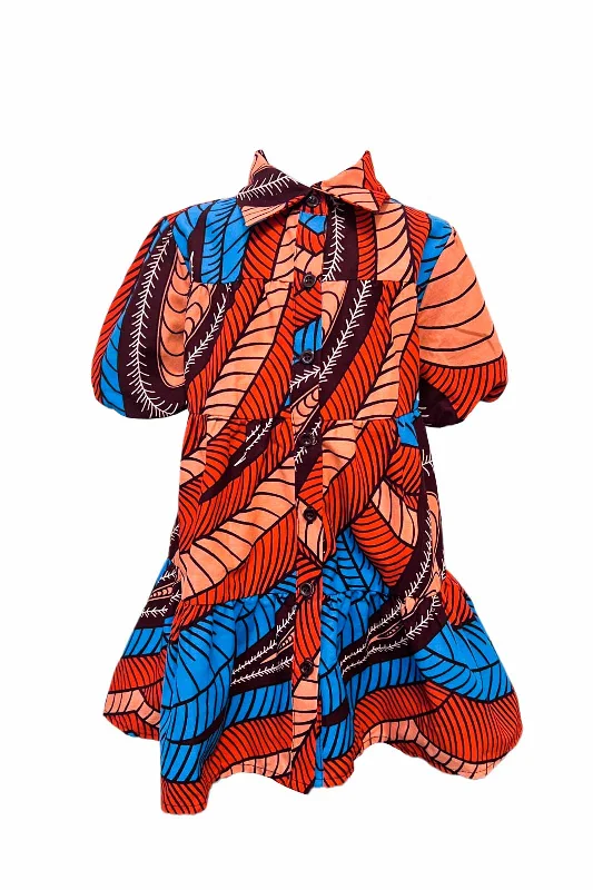 Cataleya Panelled Dress - Coral/Red/Blue Dragonfly Wings Print