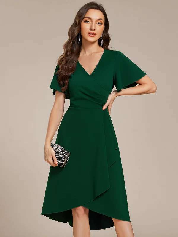 Elegant Midi Length ruffles sleeve Twisted Wedding Guest Dresses with Regular Fold Stream