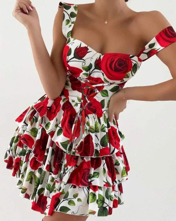 Layered Ruffles Laceup Backless Floral Print Dress