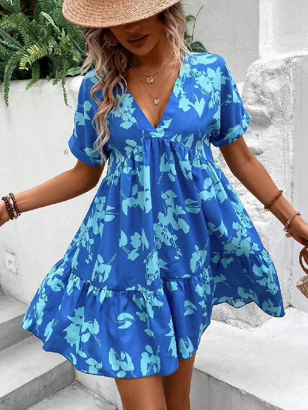 VCAY TROPICAL PRINT BATWING SLEEVE RUFFLE HEM SMOCK DRESS