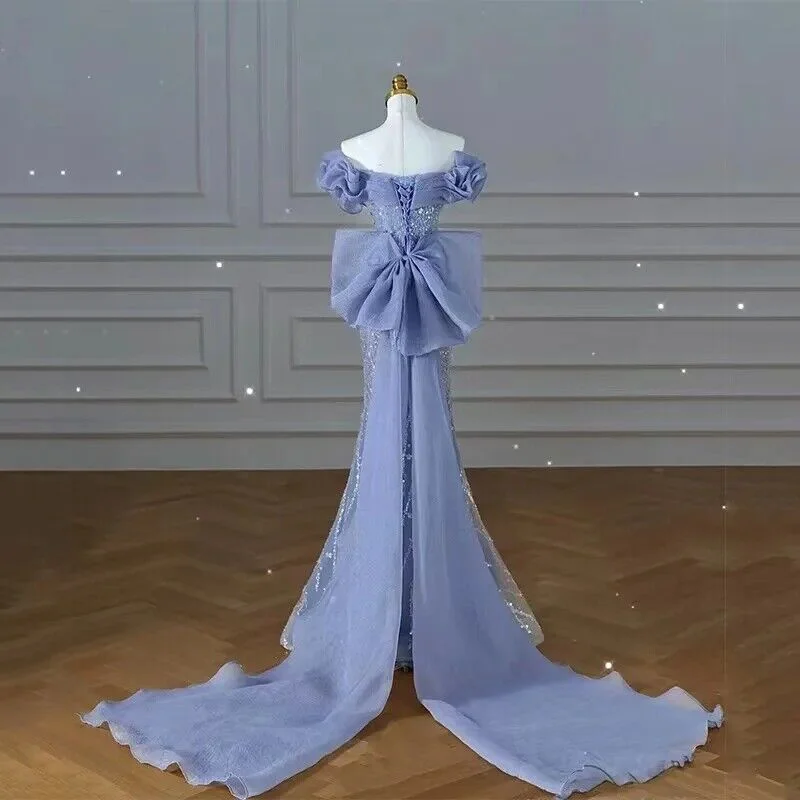 Sparkly Blue Prom Dresses With Bow Sequins Off The Shoulder Formal Party Prom