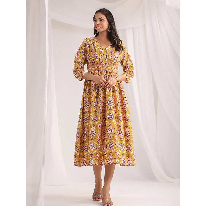 Janasya Womens Mustard Cotton Ethnic Motifs Gathered Dress