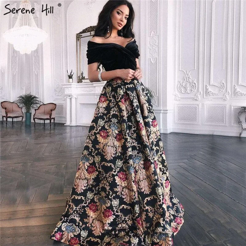 Sale Black Off Shoulder 3D Flowers Evening Dresses 2025 Short Sleeve A-Line Sexy Formal Dress Serene Hill LA70016