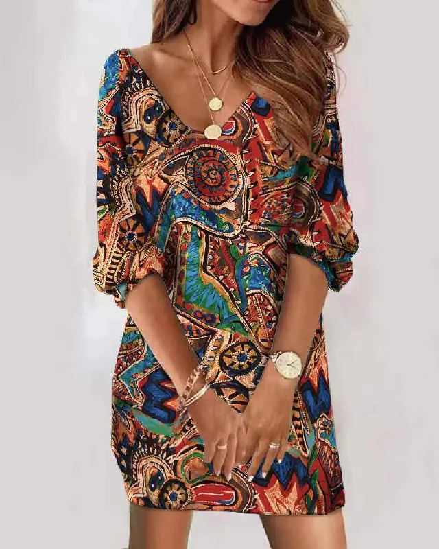 TRIBAL PRINT V NECK CASUAL DRESS