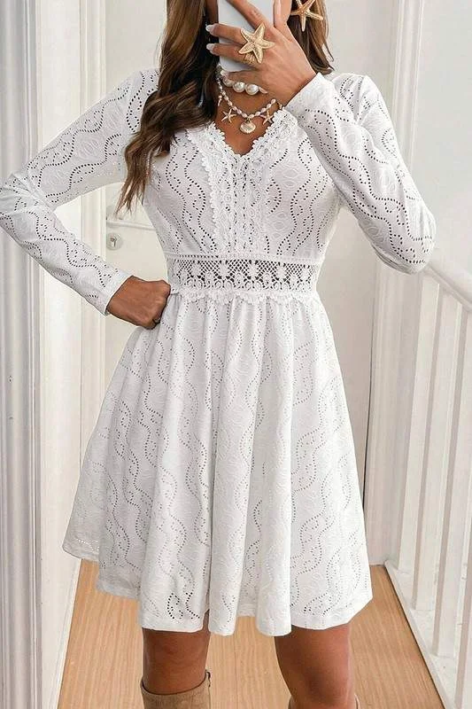 EYELET EMBROIDERED V NECK DRESS
