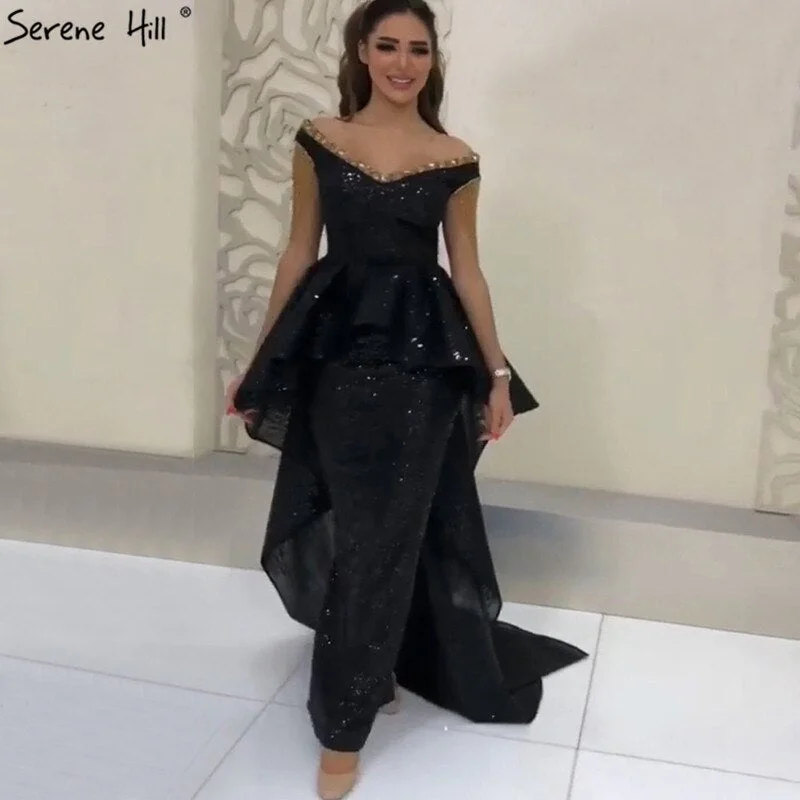 On Sale No Return No Refund Black Asymmetrical Sleeveless Sexy Evening Dresses 2025 Dubai Design Off Shoulder Tassel Formal Dress Serene Hill LA60798