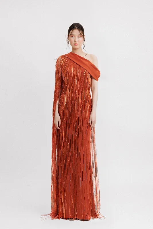 Asymmetrical neckline crepe dress with fringes