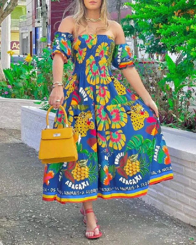 FRUIT PRINT OFF SHOULDER SHIRRED CASUAL DRESS