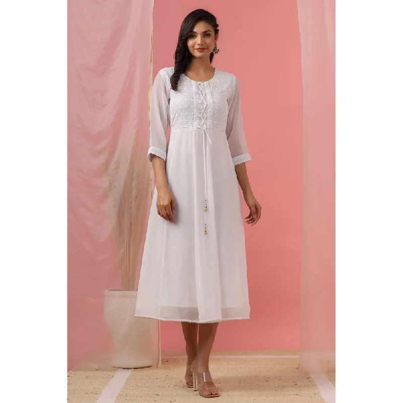 Juniper Womens White Georgette Embroidered Anarkali Dress