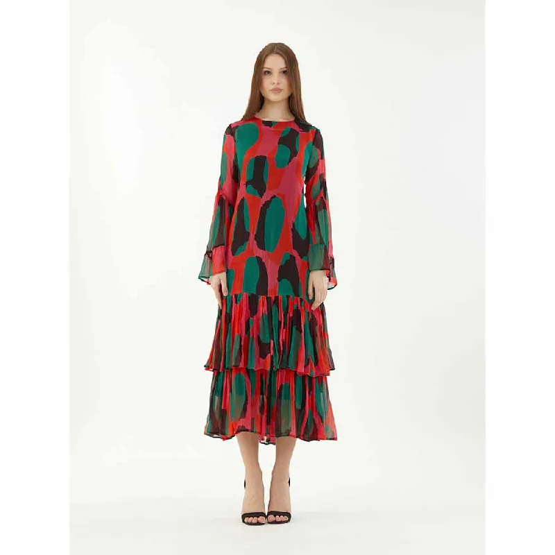 KoAi Red, Green and Black Abstract Frill Dress