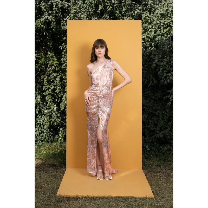 MANDIRA WIRK Willow Printed Sequins One Shoulder Long Dress with Ruching and Slit