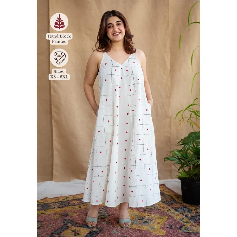 The Indian Ethnic Co. White A-Line Cotton Hand Block Printed Dress