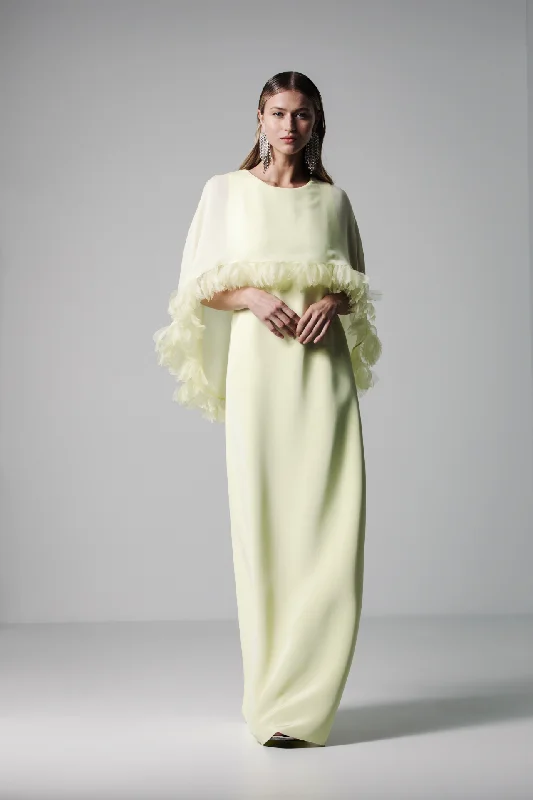 Sleeveless crepe dress with chiffon cape