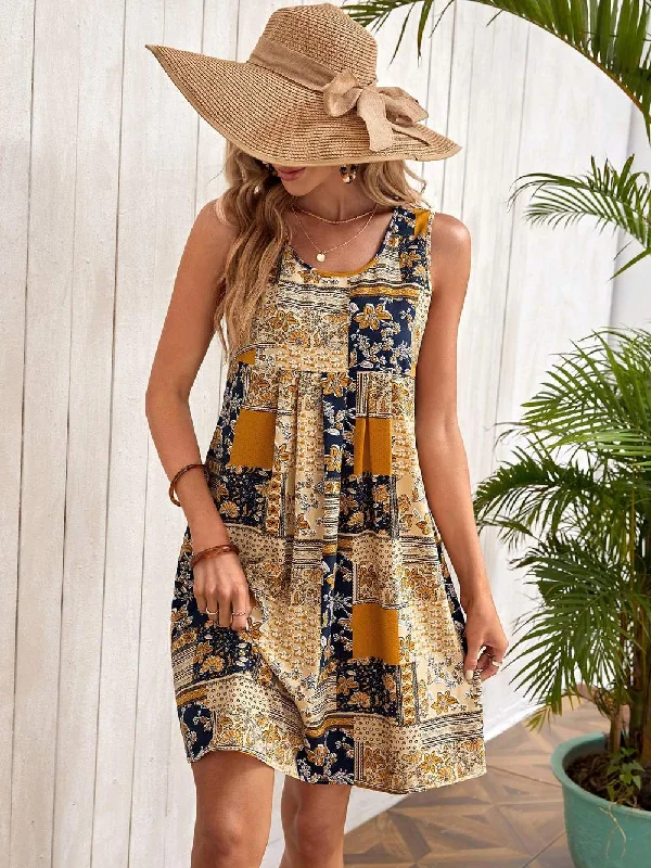 EMERY ROSE PATCHWORK PRINT SMOCK DRESS
