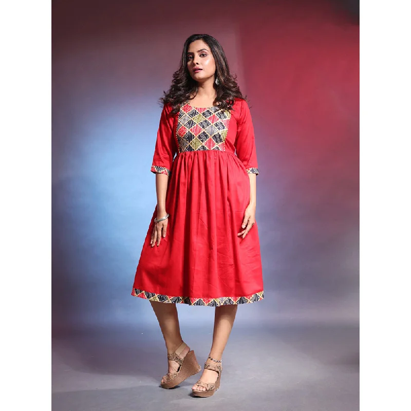 CHARUKRITI Red Solid Gathered Cotton Ethnic Printed Dress