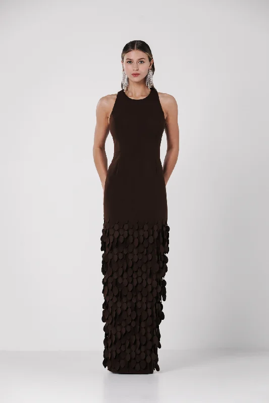 Sleeveless crepe dress with laser cut ovals