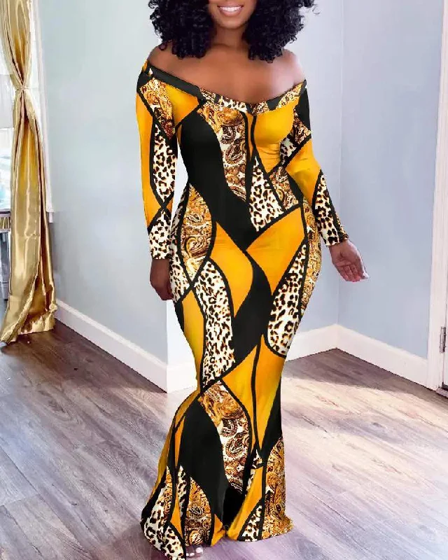 LEOPARD BAROQUE PRINT OFF SHOULDER MERMAID DRESS