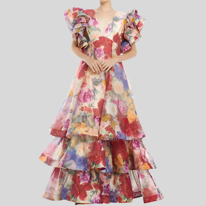 Spliced Ruffles V Neck Short Sleeve High Waist Long Printing Dress