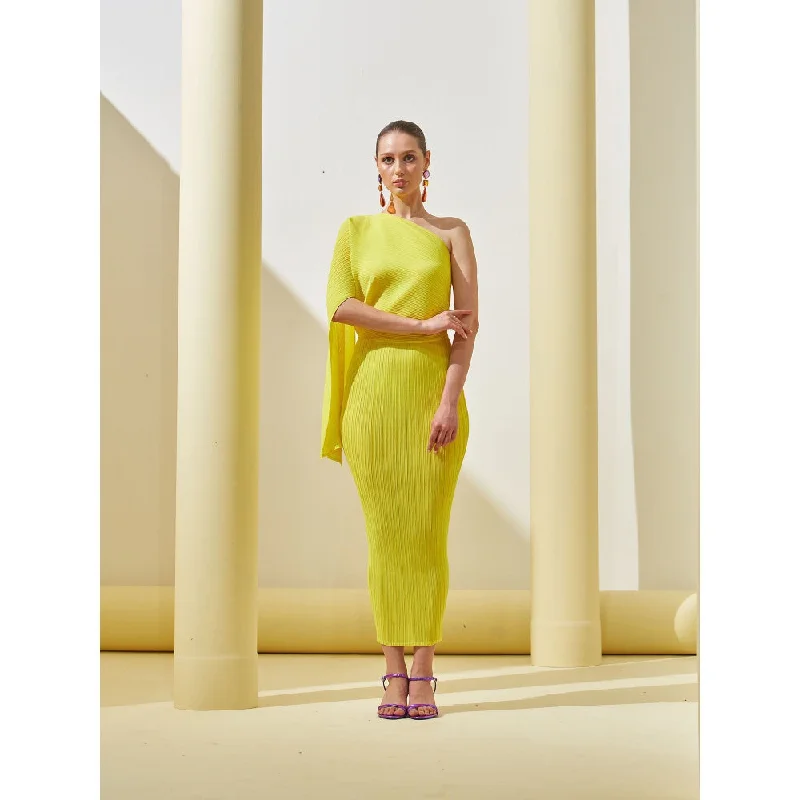 Pleats by Aruni Yellow One Shoulder Drape Dress with Inner (Set of 2)