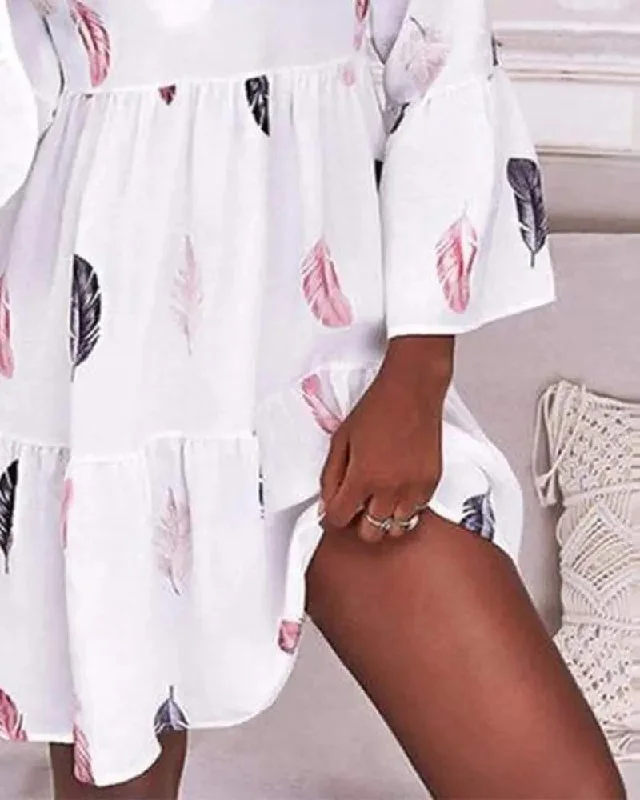FEATHER PRINT BELL SLEEVE RUFFLES CASUAL DRESS