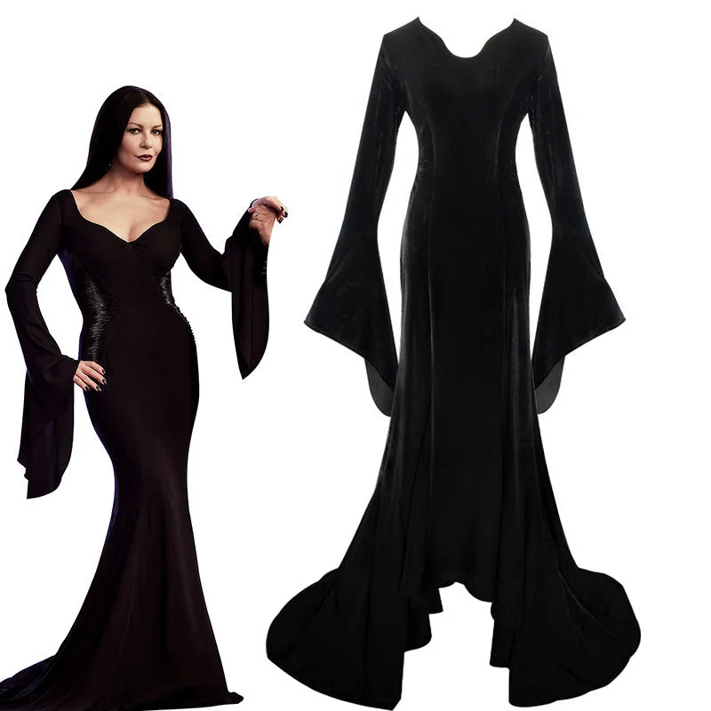 Addams family costume Halloween Wednesday Addams black dress print dress cosplay costume