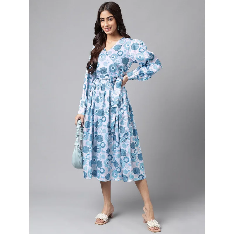 Janasya Womens Grey Satin Digital Floral Printed Flared Dress (Set of 2)