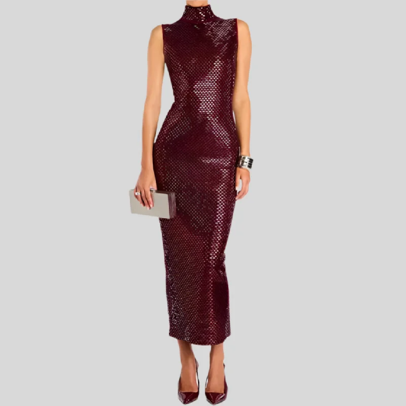 Elegant Diamonds Stand Collar Sleeveless Back Double Zipper Split Dress