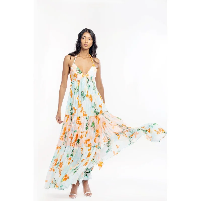 MANDIRA WIRK Chiffon Printed Layered Halter Neck Dress Peach & Blue